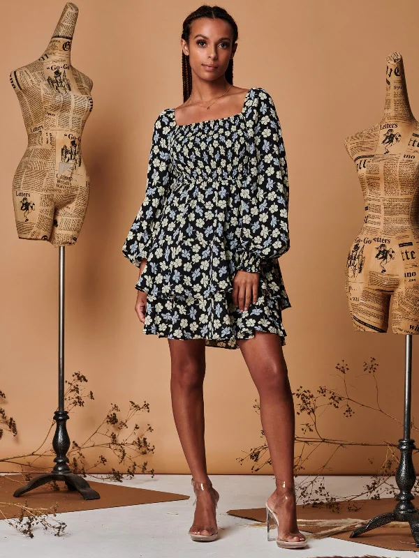 Shirred Bodice Mini Smock Dress, Black Multi Cozy T-Shirt Mini Dress