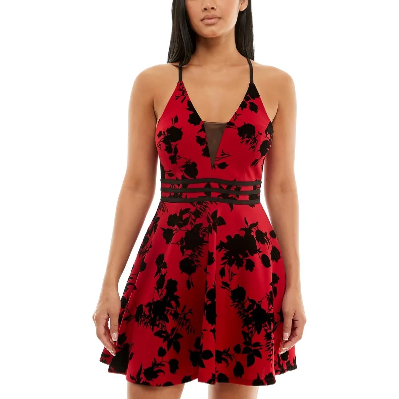 Speechless Womens Juniors Illusion Neckline Mini Fit & Flare Dress Stylish Summer Mini Dress