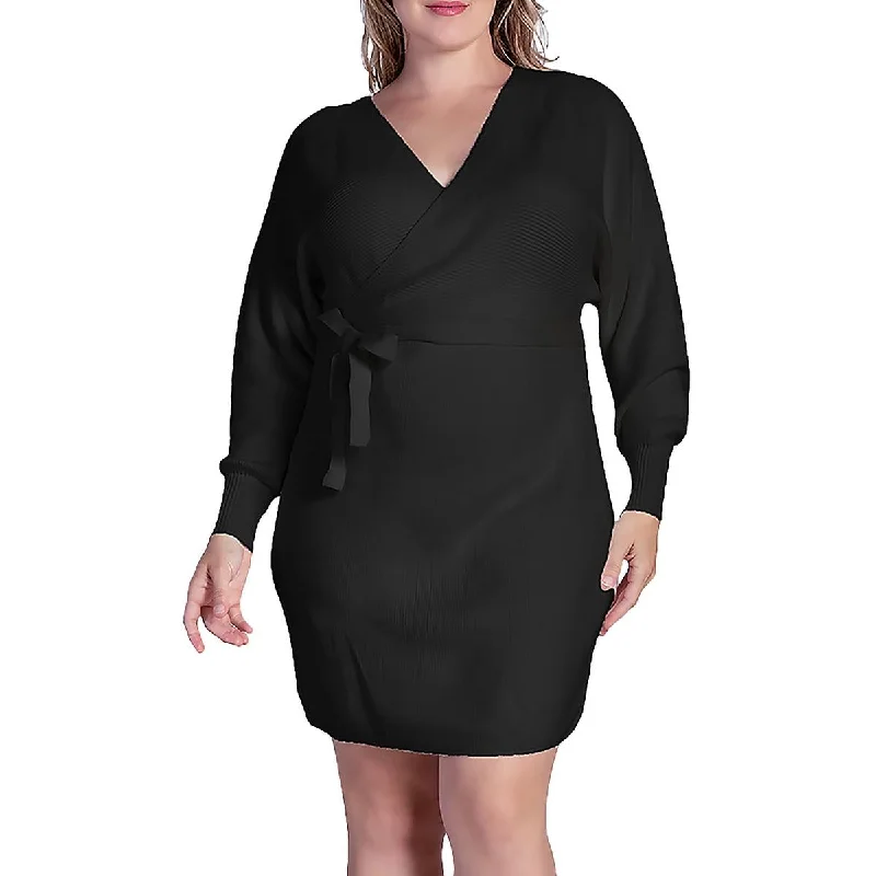 Standards & Practices Womens Plus Belted Mini Sweaterdress Comfortable Boho Mini Dress