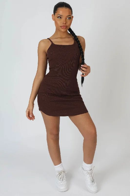 Strappy Mini Curved Hem Dress Coffee Elegant Vintage Mini Dress