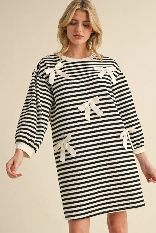 Striped Mini Bow Dress Trendy Mesh Mini Dress