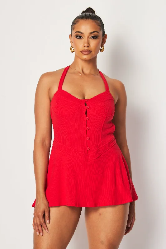 Yulia Halter Neck Mini Romper Skater Dress Comfortable One-Shoulder Mini Dress