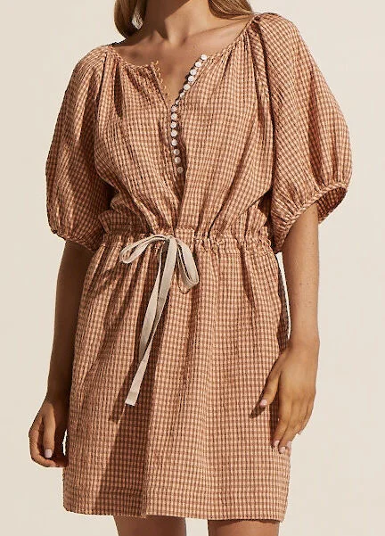 Zoe Kratzmann Tinker Dress - Clove Mini Check Chic Puff Sleeve Mini Dress