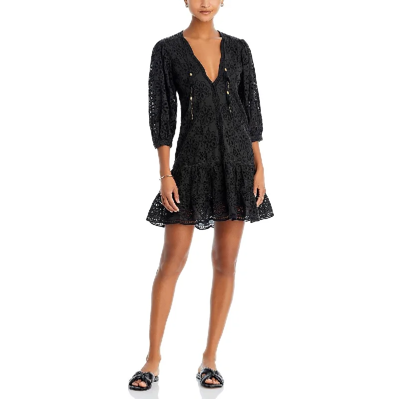 Womens Mini Eyelet Fit & Flare Dress Elegant Satin Lace Mini Dress