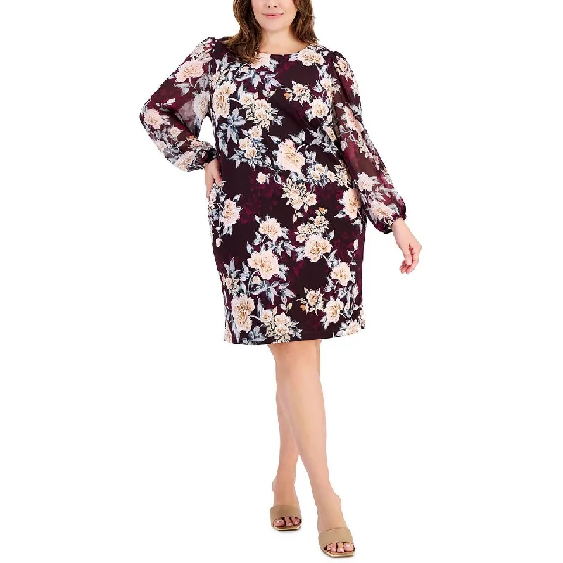 Plus Womens Boat Neck Mini Sheath Dress Comfortable Fit-and-Flare Mini Dress