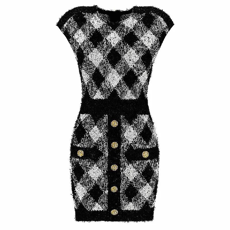 Black and White Buttoned Embellished Minidress Knitted Skirt Suit Stylish Puff Sleeve Mini Dress
