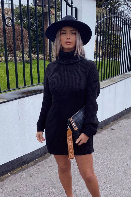 Black Roll Neck Mini Jumper Dress - Dariyana Comfortable Boho Mini Dress