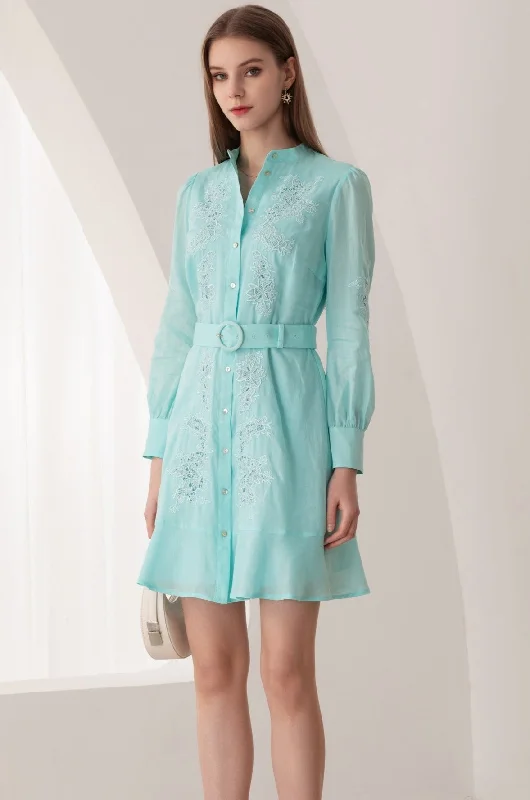 Denize Mini Embroidered Dress - Aqua - GDS Casual V-Neck Mini Dress