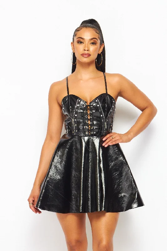 Eloise Patent Leather Mini Skater Dress Stylish Plaid Mini Dress