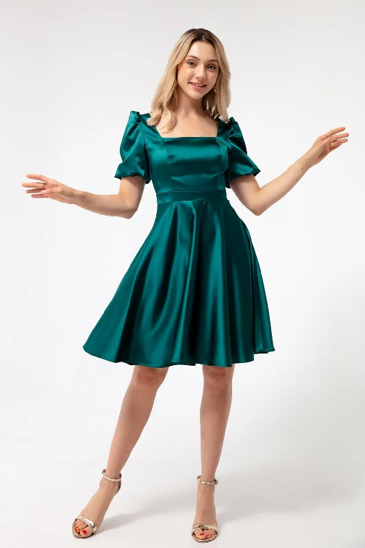 Female Balloon Sleeve Clash Cut Mini Satin Evening Dress Trendy Mini Dress with Belt