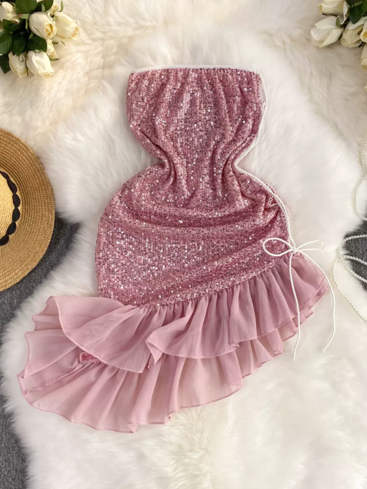 Feminine Pink Sequin Bodice Ruffled Hem Dress Casual Button-Up Mini Dress