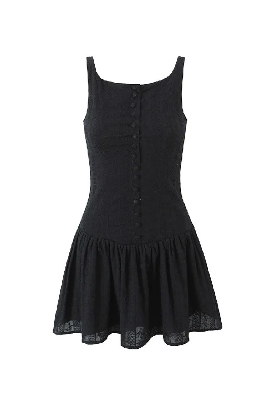 French Style Embroidered Boat Neck Button Up Drop Waist Party Mini Sundress Comfortable Boho Mini Dress