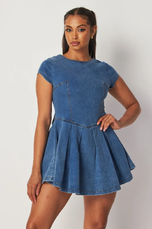 Jenny Pleated Bow Back Detail Mini Denim Dress Modern Satin Mini Dress