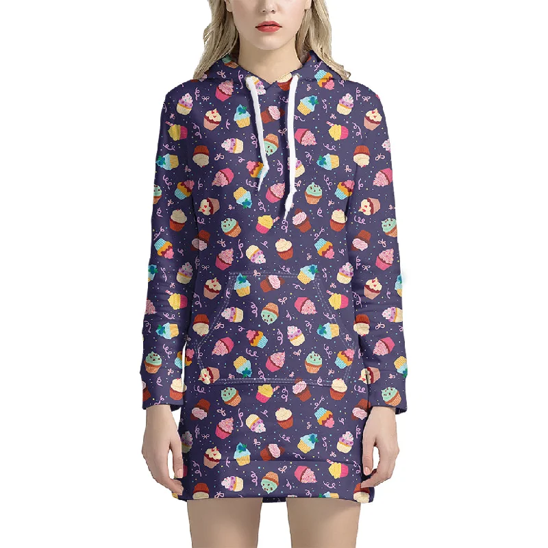 Mini Cupcake Pattern Print Pullover Hoodie Dress Comfortable Zip-Up Mini Dress