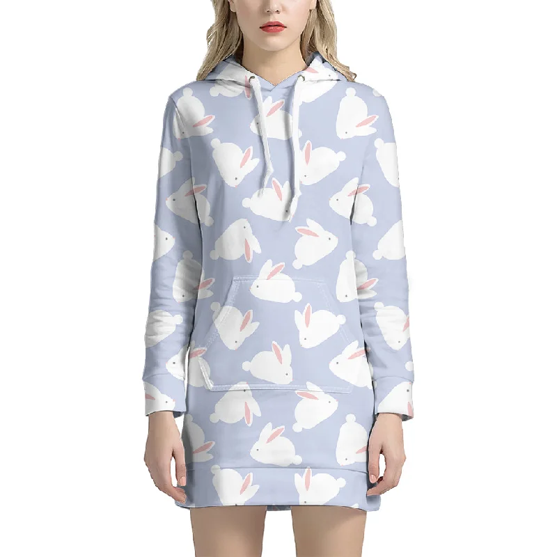 Mini Rabbit Pattern Print Pullover Hoodie Dress Elegant Mini Dress with Ruffles