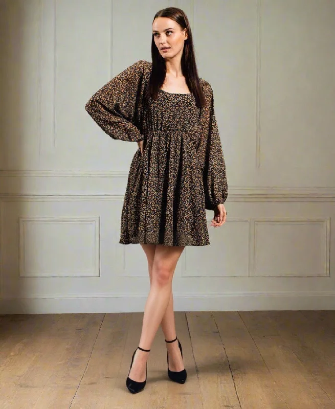 Black Mini Ditsy Swing Dress Stylish Ruffle Mini Dress
