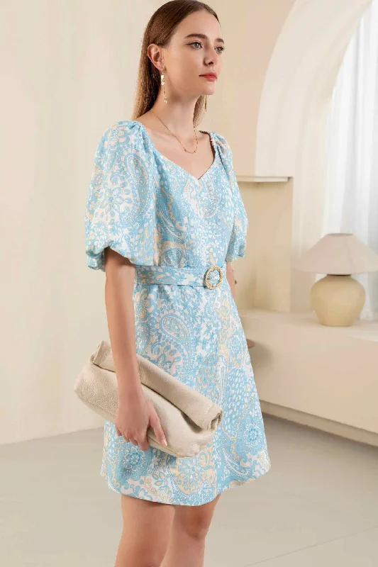 Miranda Mini Linen Dress - Blue/Beige Casual Button-Up Mini Dress