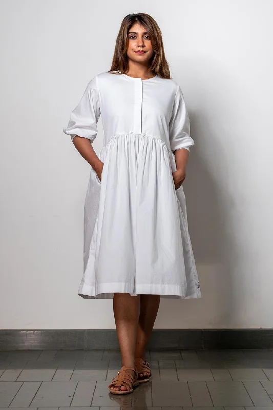 Minimalist White Gathered Dress Chic Puff Sleeve Mini Dress