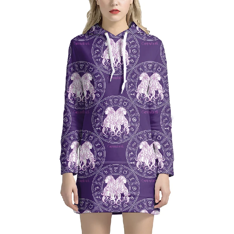 Purple Gemini Zodiac Pattern Print Pullover Hoodie Dress Classic Casual Mini Dress