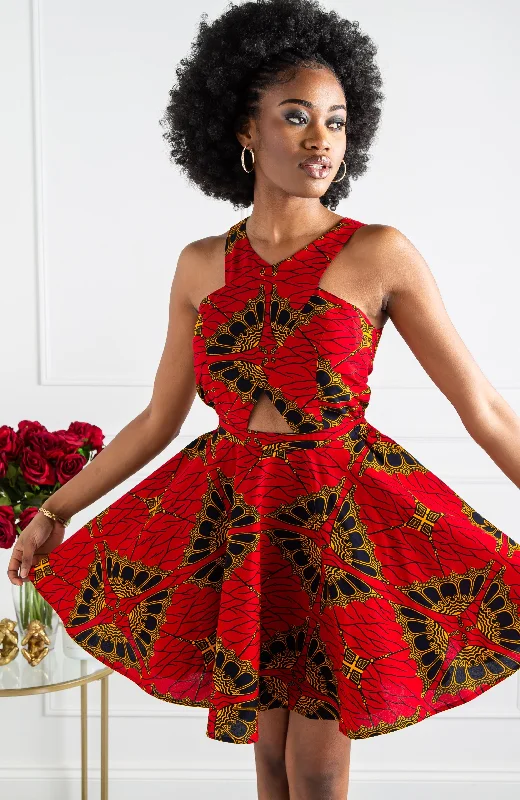 Red Ankara Cross Front Mini Length Dress - CORDELIA Classic Black Mini Dress