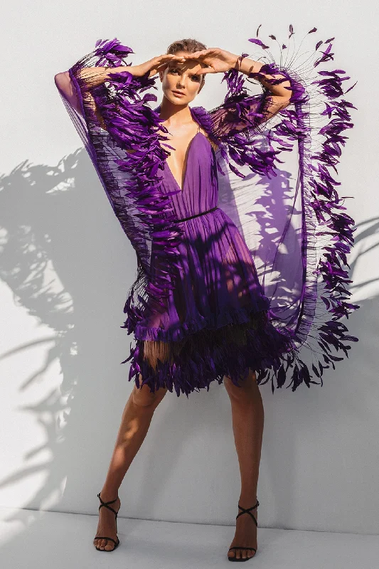 Silk chiffon mini-dress with an integrated scarf/train and ruffled coq plumes Elegant Sequin Mini Dress