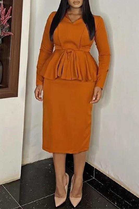 Solid Color V Neck Feminine Peplum Dress Suit Elegant Lace-Up Mini Dress