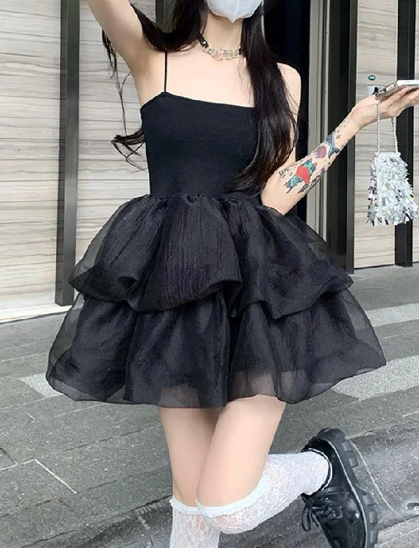 Solid Mesh Layered Cami Mini Party Little Black Dress Elegant Lace-Up Mini Dress