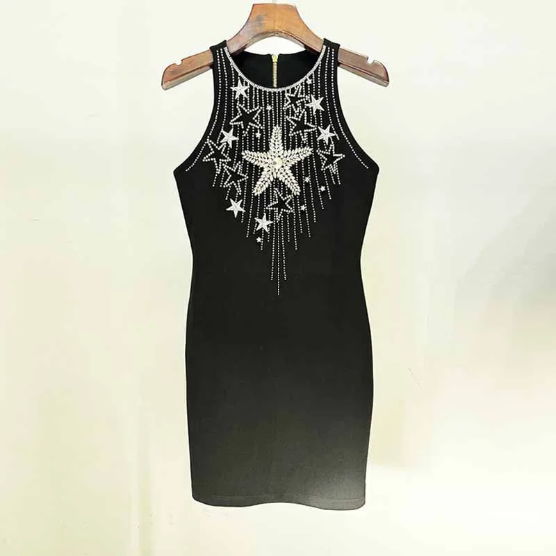 Star Crystal Embellished Body-con Minidress Short Black Dress Cozy Ruched Mini Dress