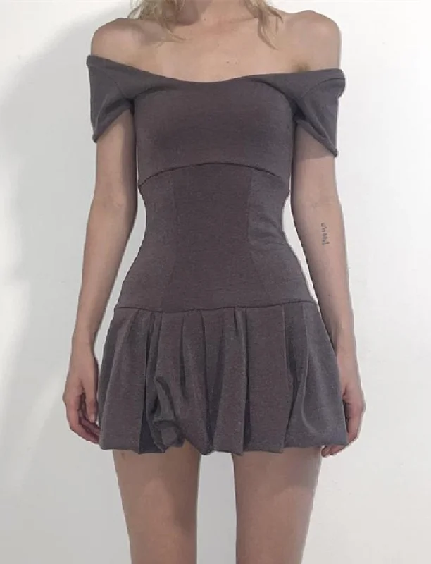 U-neck Low-rise Slim-fit Short-sleeved Mini Pleated Dress Fashionable Off-Shoulder Mini Dress