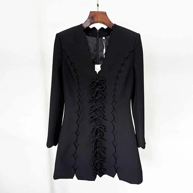 Women Fitted Mini Black Dress With Bow Embroidered Fashionable Pleated Mini Dress