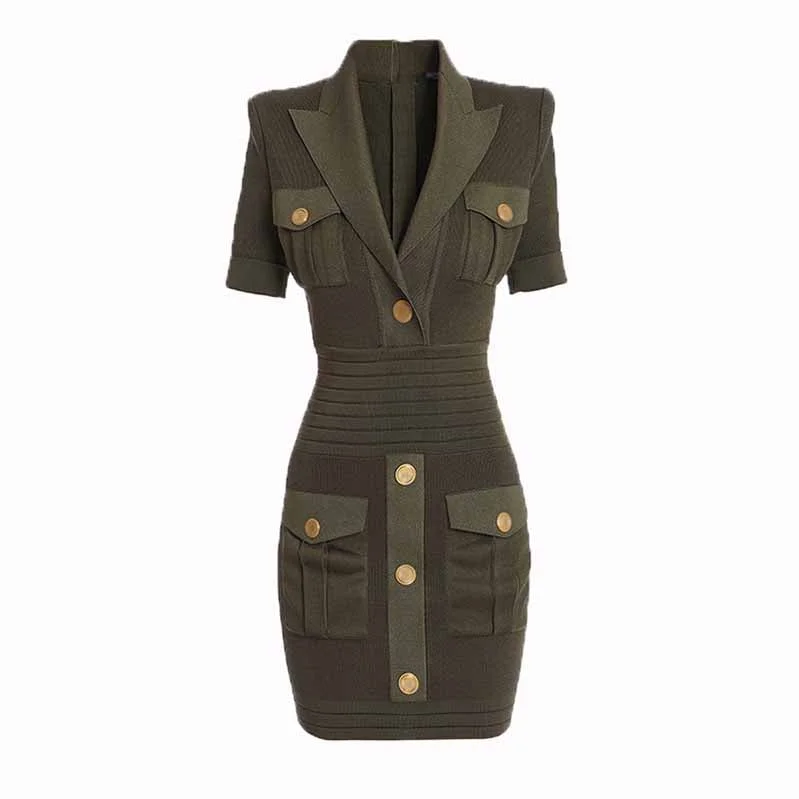 Women Knitted Minidress Army Green Deep V Neck Cocktail Dress Casual V-Neck Mini Dress