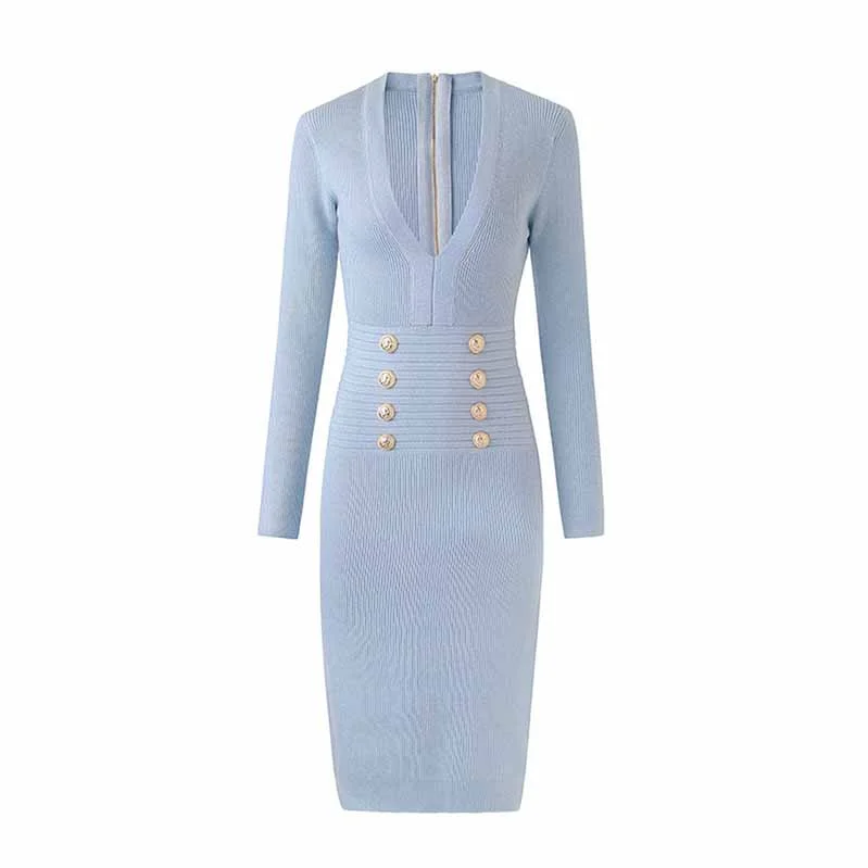 Women Light Blue button-up knitted minidress Ribbed Dress Fine-ribbed Dress Fashionable A-Line Mini Dress