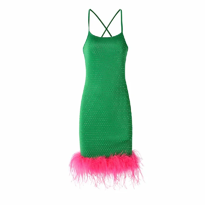 Women Pink Ostrichfeather Trimmed Mini Green Dress Stylish Summer Mini Dress