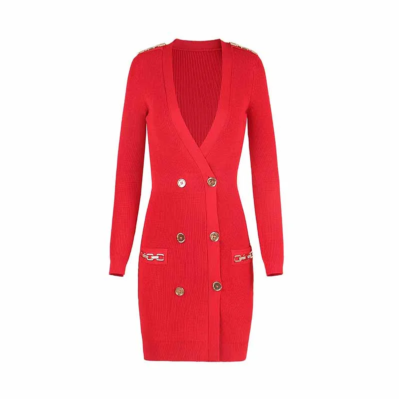Women Ribbed-knit Red Minidress Short-sleeve Dress V-neck Cockail Dress Cozy Knitted Mini Dress