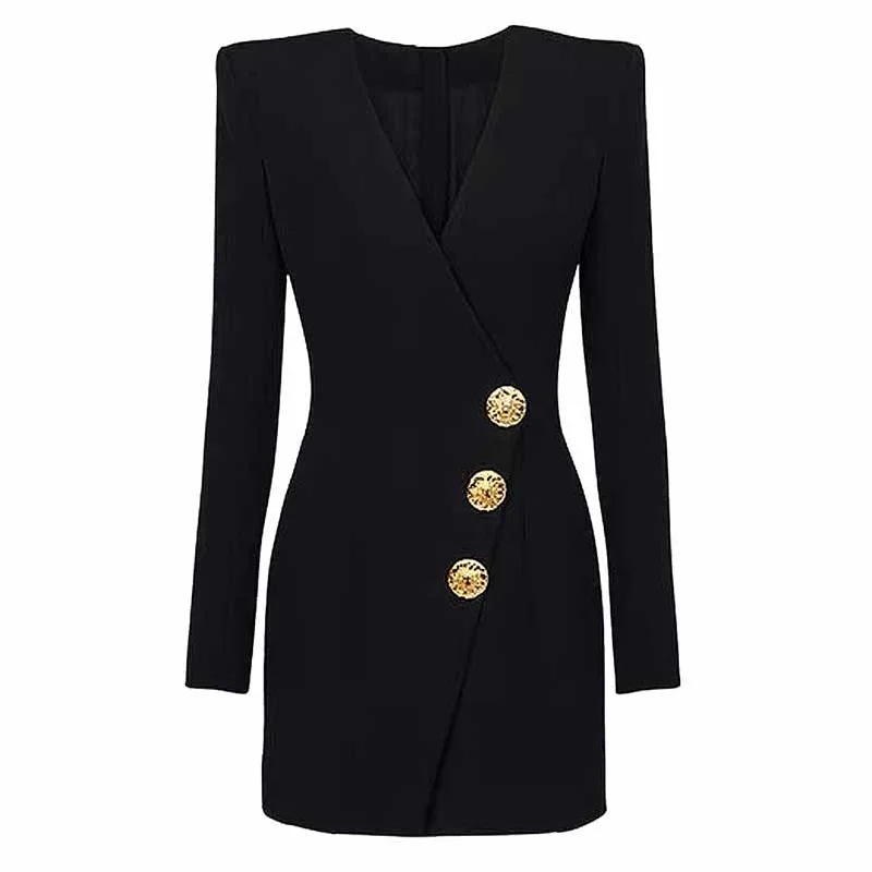 Women's Button-embellished Black Mini Blazer Dress Trendy Tulle Mini Dress