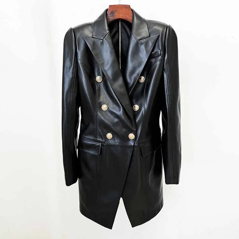 Women's Faux Leather Blazer Minidress Black Double Breasted Blazer Dress Classic Solid Mini Dress