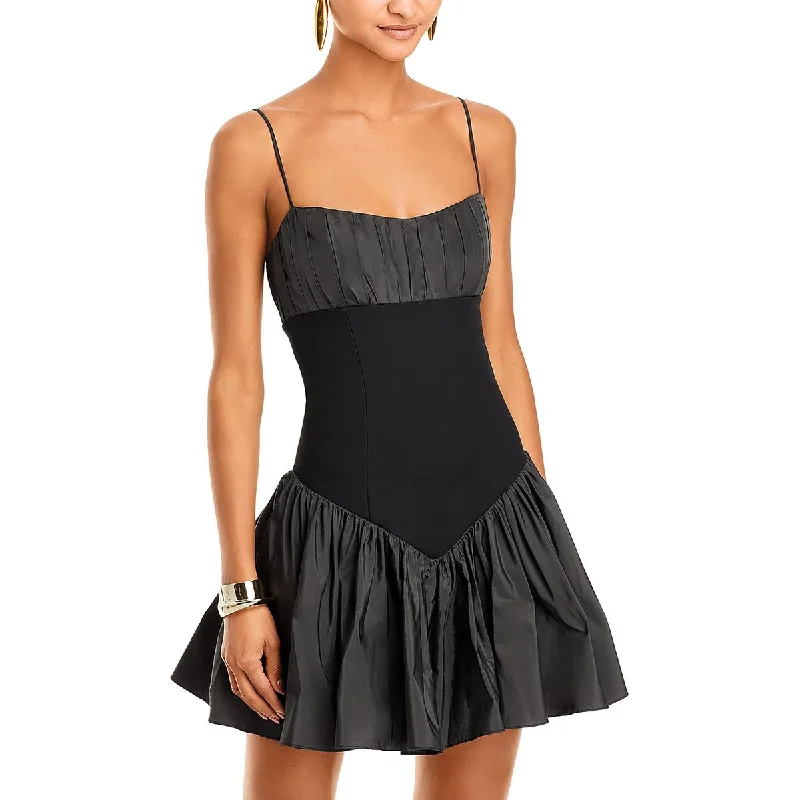 Womens Mini Mixed Media Fit & Flare Dress Stylish Puff Sleeve Mini Dress