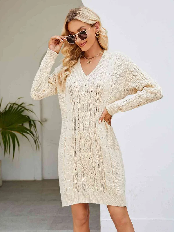 Cable-Knit V-Neck Mini Sweater Dress Fashionable Lace Mini Dress