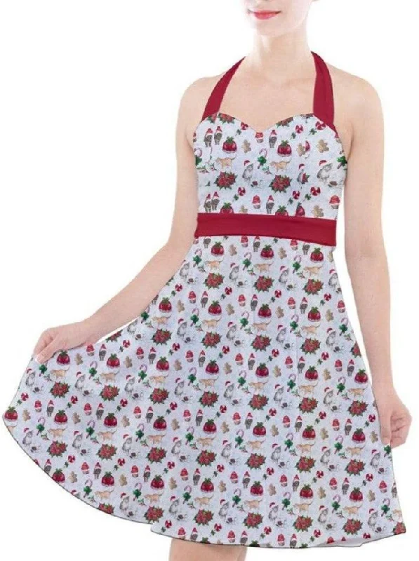 Christmas Cats Halter Party Swing Dress Glittery Long Formal