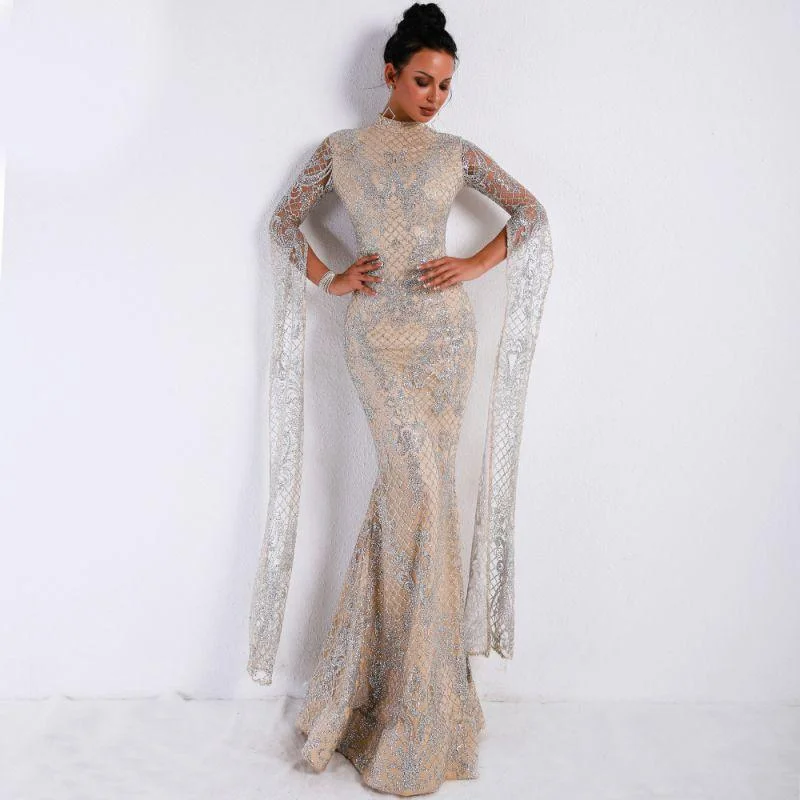 Elegant Women Lace Fluttering Sleeve Evening Party Fishtail Dress Tunics Long Elegant Elegant Women Lace Fluttering Sleeve Evening Party Fishtail Dress Tunics Long Elegant