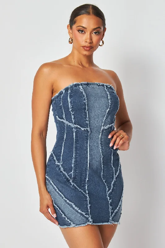 Our Dare To Be Bold Distressed Mini Tube Denim Dress Fashionable Boho-Chic Mini Dress