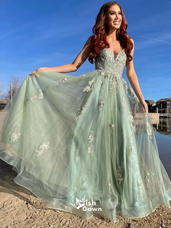 Light Green Spaghetti Straps Appliques Tulle A-line Long Party Gowns Prom Dresses, WGP217 Tunics Velvet soft Light Green Spaghetti Straps Appliques Tulle A-line Long Party Gowns Prom Dresses, WGP217 Tunics Velvet soft