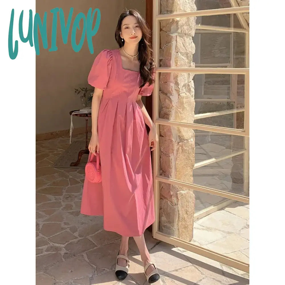 Lunivop Elegant Pink Dress Summer Fashion Square Collar Puff Sleeve Ruffle Female Dresses Korea High Waist Party Women's Dress Vestidos Satin Halter Glamorous
