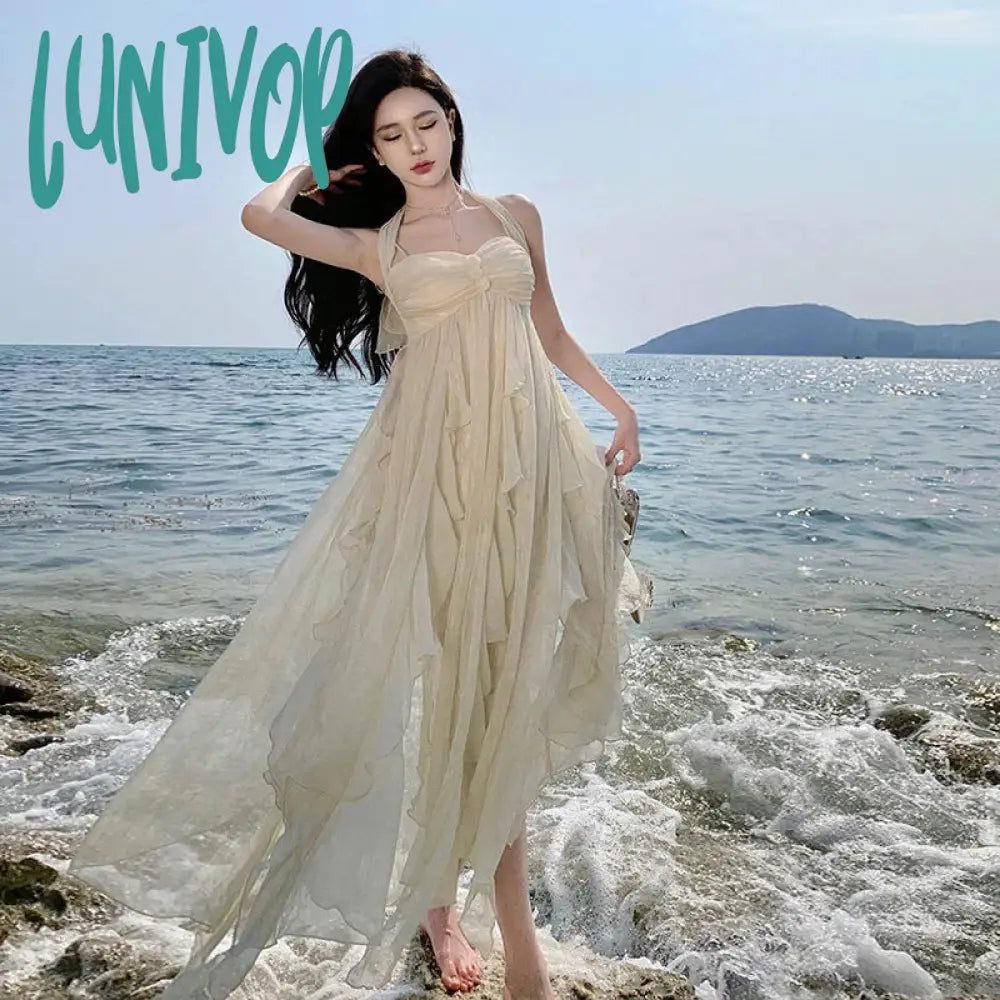 Lunivop France Fashion Irregular Beach Strap Mid-length Dress Female Elegant Chiffon Fairy Party Vestidos Korea Summer Casual Clothing Shift Classic Vintage