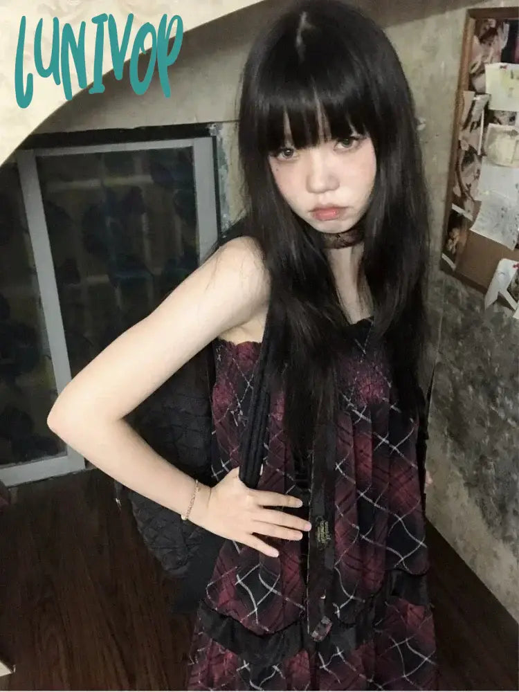 Lunivop Harajuku Goth Red Mini Plaid Dress Women Y2k Gothic Mall Cyber Punk Halloween Dresses Vintage One Piece Slip Vestidos Stylish Floral Print Mini Dress