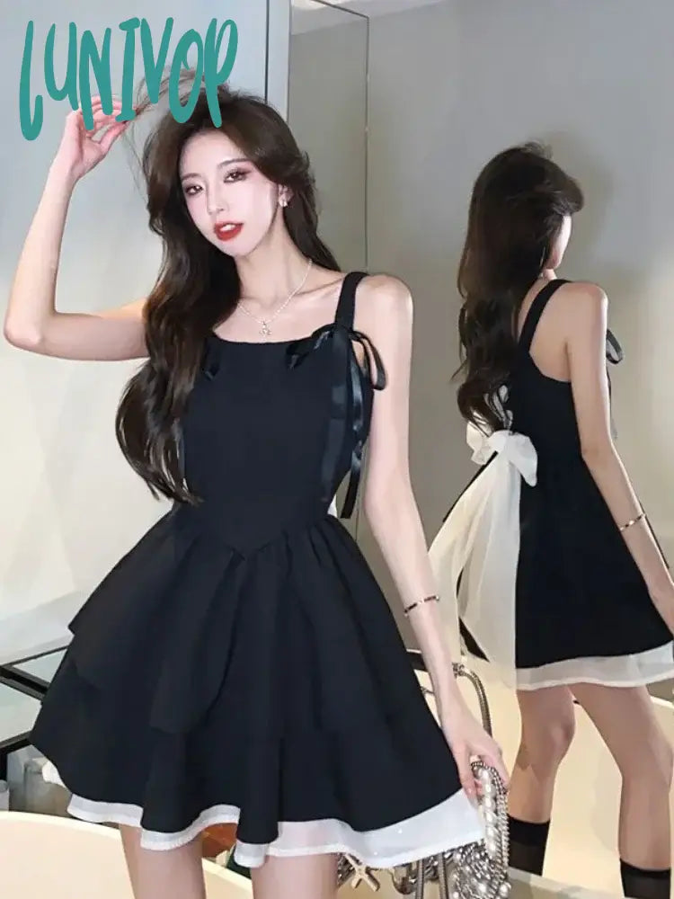 Lunivop Korean Style Black Corset Dress Women Fairycore Cute Mini Lolita Dresses Y2k Ribbon Folds Layered Slip Party Vestidos Elegant Tulle Mini Dress
