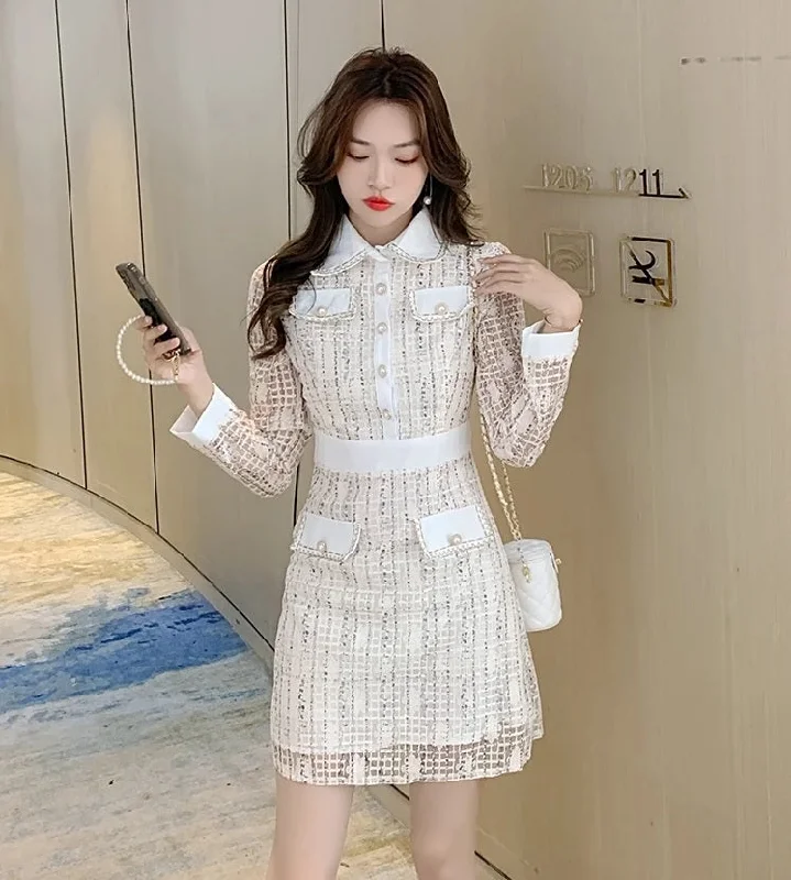 New Luxury Quality Wrist Sleeves Lace Patchwork Tweed Bow A Line Party Single Breasted Dress CODE: KAR2652 Tunics Fashionable trendy