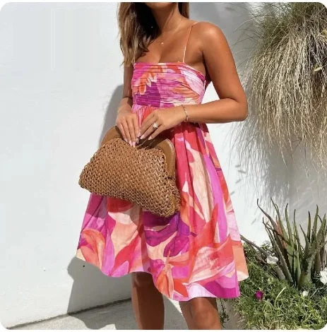 New Tie-dye Flower Print Slash Collar Ruched Chest Mini Sling Dress CODE: KAR2972 Stylish Sweetheart Neck Mini Dress