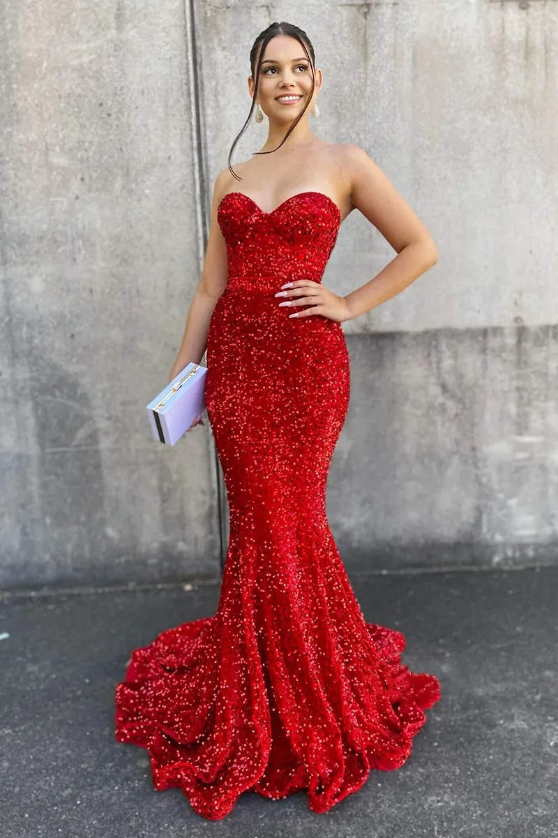 Red Mermaid Sequined Evening Dress Formal Party Backless Corset Gowns Tunics Solid Classic Red Mermaid Sequined Evening Dress Formal Party Backless Corset Gowns Tunics Solid Classic