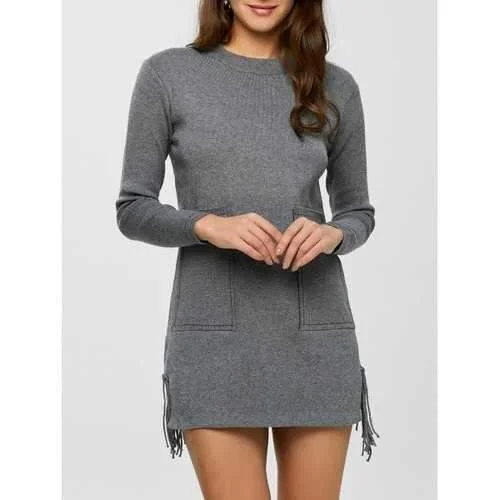 Fringed Mini Sweater Dress - Gray M Cozy Long Sleeve Mini Dress